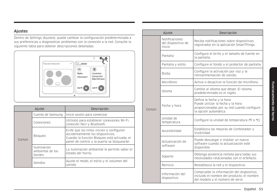 Ajustes, Ajustes 53 | Samsung BESPOKE 30 Inch Smart Slide-In Induction Range Owners Guide User Manual | Page 127 / 234