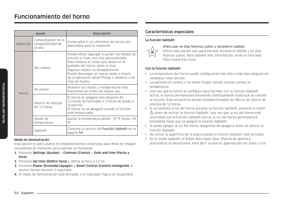 Características especiales, Funcionamiento del horno | Samsung BESPOKE 30 Inch Smart Slide-In Induction Range Owners Guide User Manual | Page 128 / 234