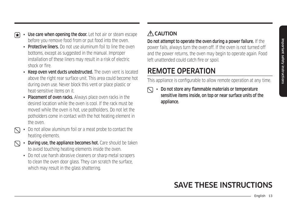 Remote operation, Save these instructions | Samsung BESPOKE 30 Inch Smart Slide-In Induction Range Owners Guide User Manual | Page 13 / 234