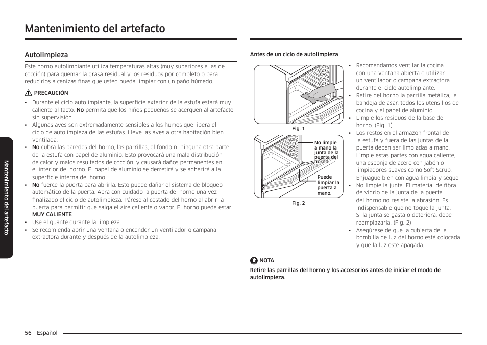 Mantenimiento del artefacto, Autolimpieza, Autolimpieza 56 | Samsung BESPOKE 30 Inch Smart Slide-In Induction Range Owners Guide User Manual | Page 130 / 234