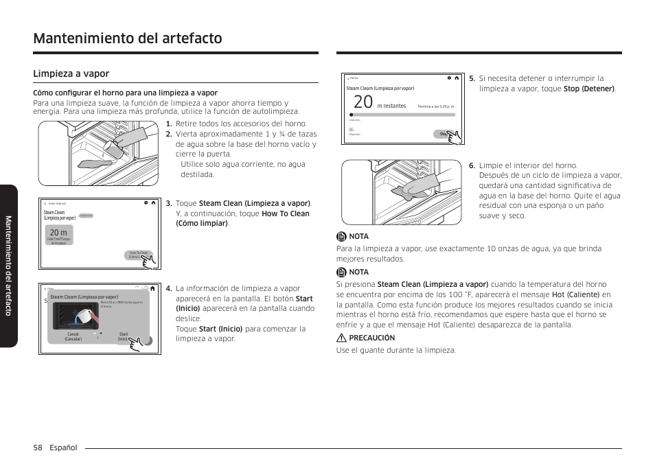 Limpieza a vapor, Mantenimiento del artefacto, 20 m | Samsung BESPOKE 30 Inch Smart Slide-In Induction Range Owners Guide User Manual | Page 132 / 234