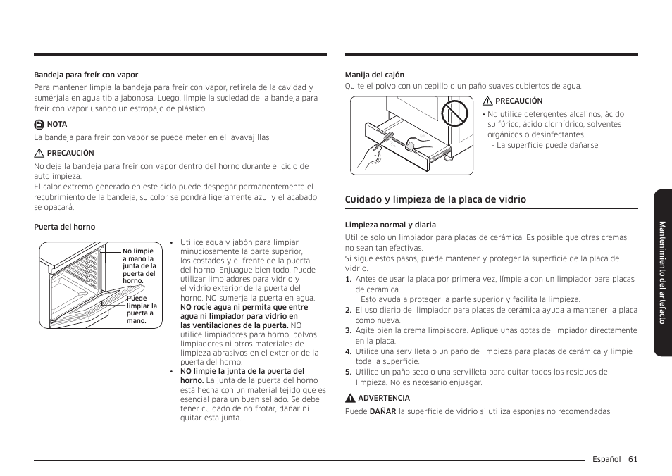 Cuidado y limpieza de la placa de vidrio | Samsung BESPOKE 30 Inch Smart Slide-In Induction Range Owners Guide User Manual | Page 135 / 234