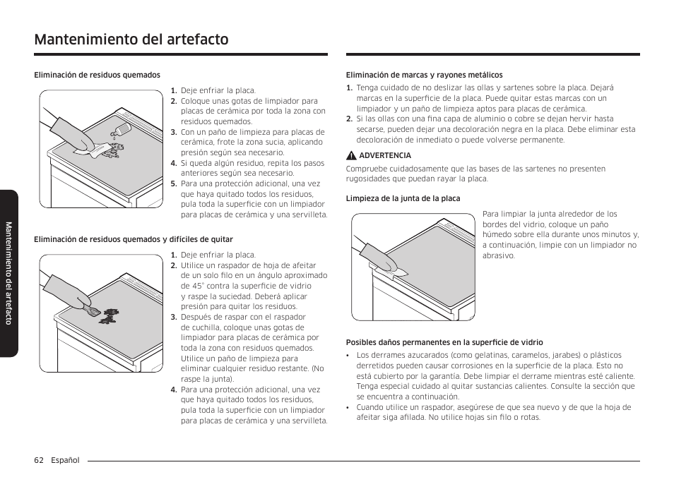 Mantenimiento del artefacto | Samsung BESPOKE 30 Inch Smart Slide-In Induction Range Owners Guide User Manual | Page 136 / 234