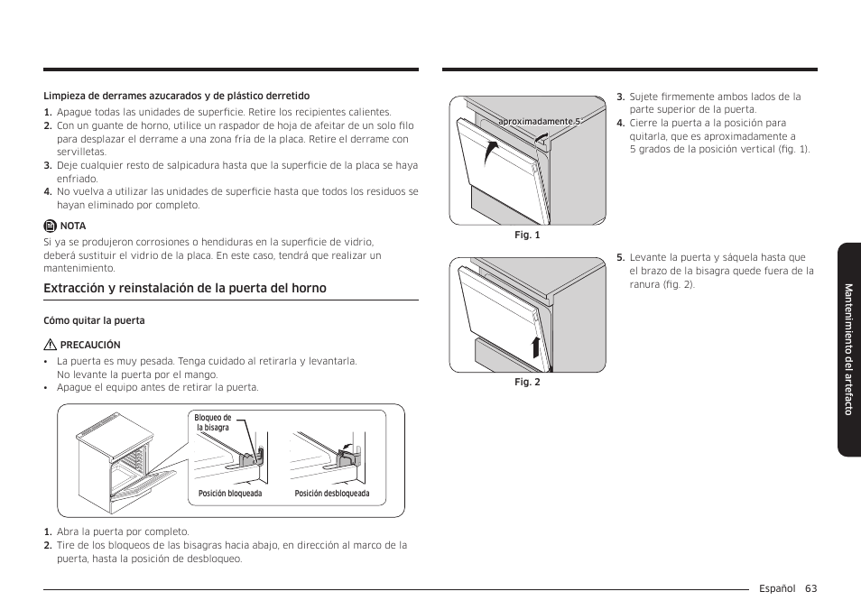 Extracción y reinstalación de la puerta del horno | Samsung BESPOKE 30 Inch Smart Slide-In Induction Range Owners Guide User Manual | Page 137 / 234