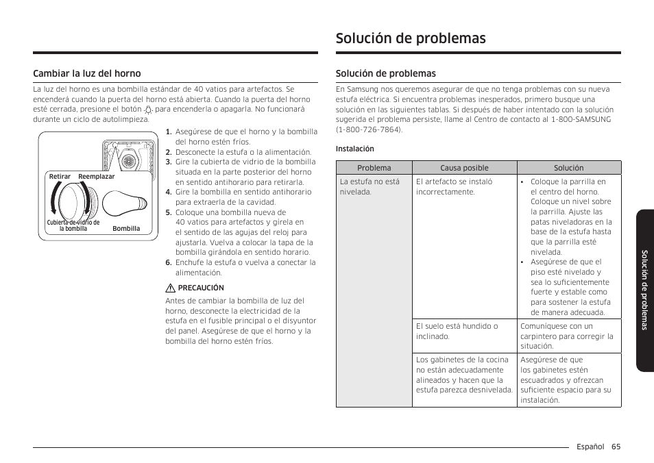 Cambiar la luz del horno, Solución de problemas | Samsung BESPOKE 30 Inch Smart Slide-In Induction Range Owners Guide User Manual | Page 139 / 234