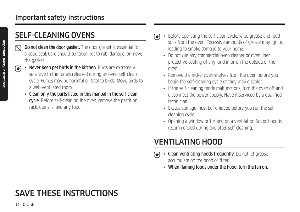 Self-cleaning ovens, Ventilating hood, Save these instructions | Important safety instructions | Samsung BESPOKE 30 Inch Smart Slide-In Induction Range Owners Guide User Manual | Page 14 / 234