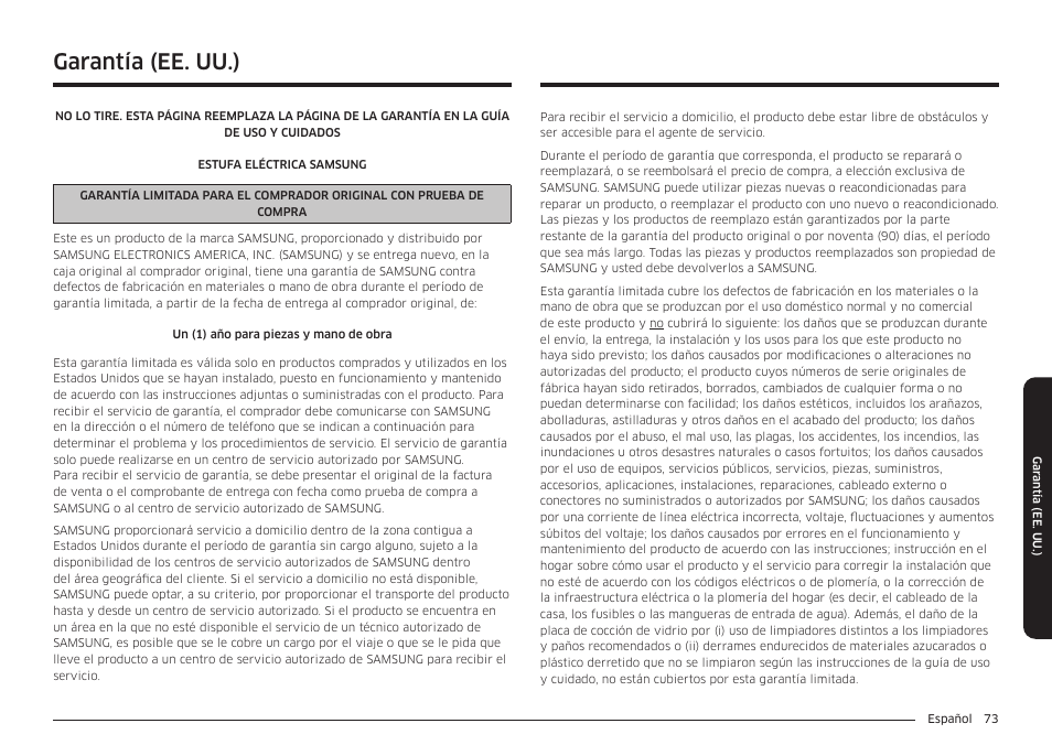 Garantía (ee. uu.) | Samsung BESPOKE 30 Inch Smart Slide-In Induction Range Owners Guide User Manual | Page 147 / 234