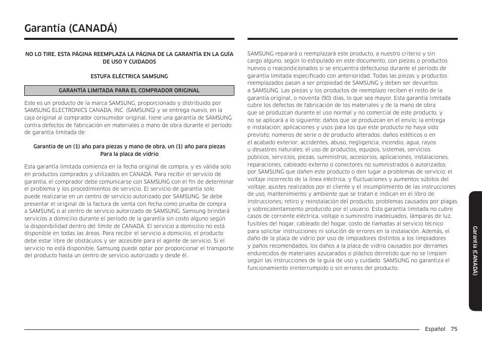 Garantía (canadá) | Samsung BESPOKE 30 Inch Smart Slide-In Induction Range Owners Guide User Manual | Page 149 / 234
