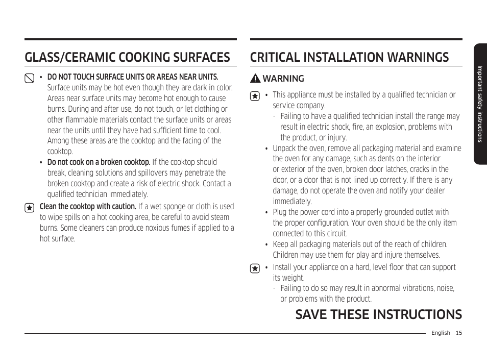 Glass/ceramic cooking surfaces, Critical installation warnings | Samsung BESPOKE 30 Inch Smart Slide-In Induction Range Owners Guide User Manual | Page 15 / 234