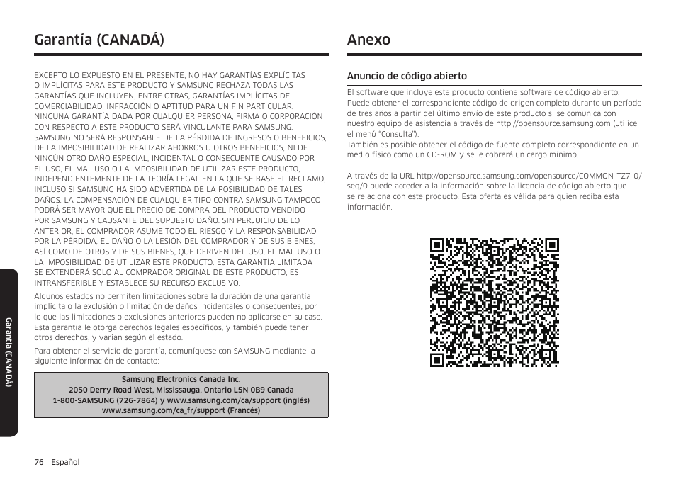 Anexo, Anuncio de código abierto, Anexo 76 | Garantía (canadá) | Samsung BESPOKE 30 Inch Smart Slide-In Induction Range Owners Guide User Manual | Page 150 / 234