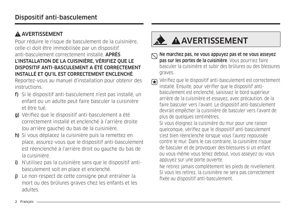 Avertissement, Dispositif anti-basculement | Samsung BESPOKE 30 Inch Smart Slide-In Induction Range Owners Guide User Manual | Page 154 / 234