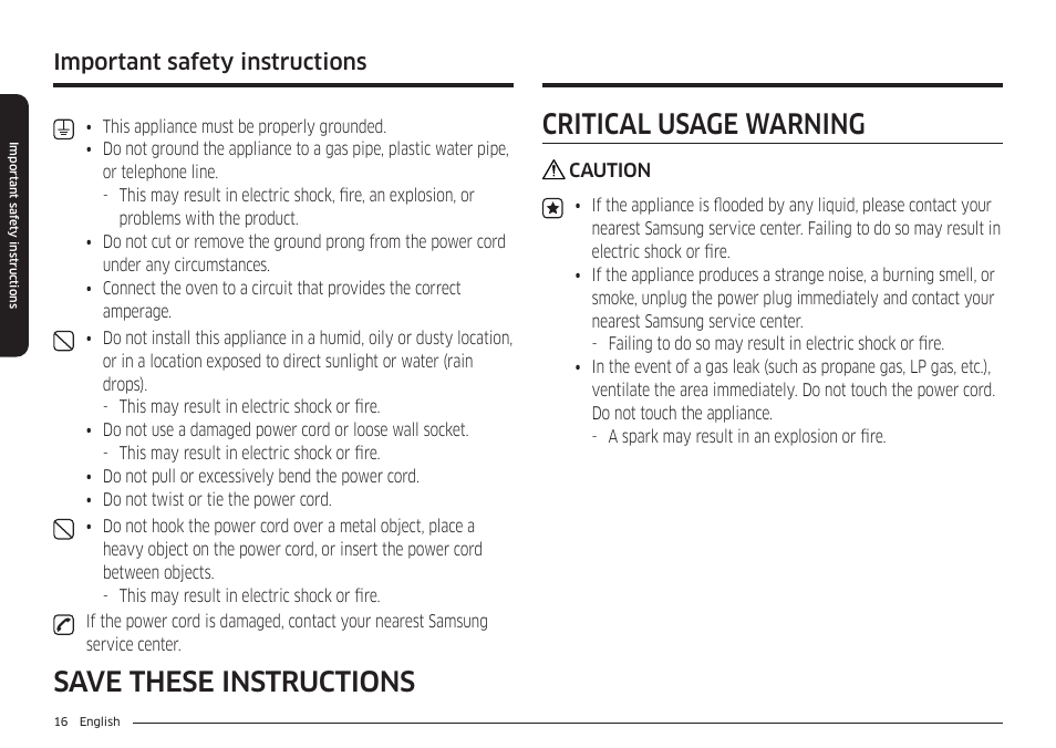 Critical usage warning, Save these instructions critical usage warning, Important safety instructions | Samsung BESPOKE 30 Inch Smart Slide-In Induction Range Owners Guide User Manual | Page 16 / 234