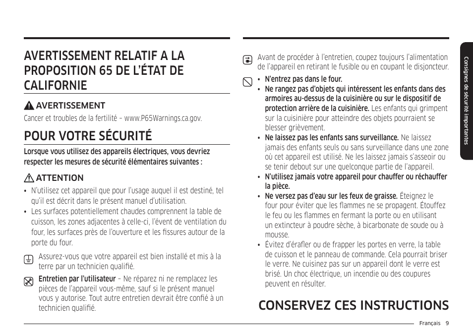 Pour votre sécurité | Samsung BESPOKE 30 Inch Smart Slide-In Induction Range Owners Guide User Manual | Page 161 / 234