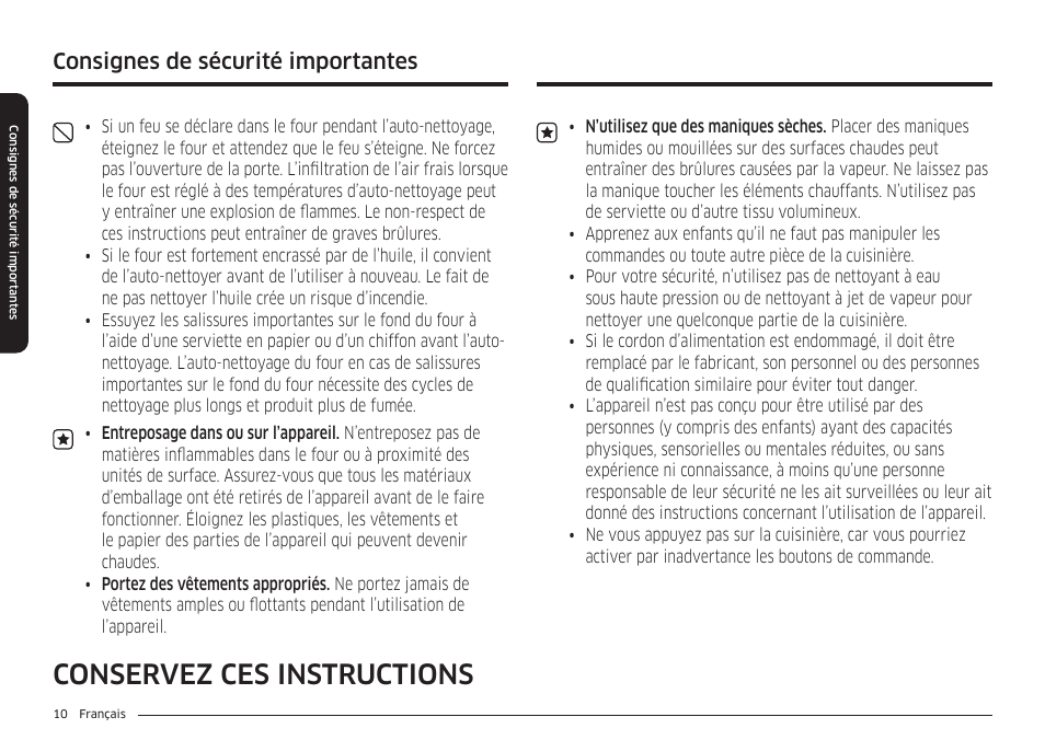 Conservez ces instructions, Consignes de sécurité importantes | Samsung BESPOKE 30 Inch Smart Slide-In Induction Range Owners Guide User Manual | Page 162 / 234