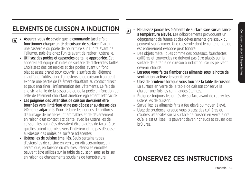 Éléments de cuisson à induction, Conservez ces instructions | Samsung BESPOKE 30 Inch Smart Slide-In Induction Range Owners Guide User Manual | Page 163 / 234