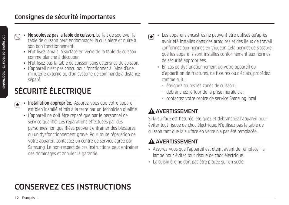 Sécurité électrique, Conservez ces instructions, Consignes de sécurité importantes | Samsung BESPOKE 30 Inch Smart Slide-In Induction Range Owners Guide User Manual | Page 164 / 234