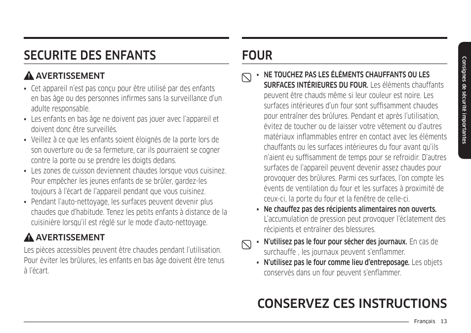 Sécurité des enfants, Four, Four 13 | Conservez ces instructions four | Samsung BESPOKE 30 Inch Smart Slide-In Induction Range Owners Guide User Manual | Page 165 / 234