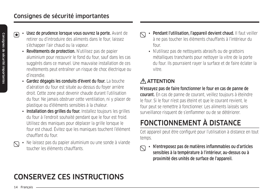 Fonctionnement à distance, Conservez ces instructions, Consignes de sécurité importantes | Samsung BESPOKE 30 Inch Smart Slide-In Induction Range Owners Guide User Manual | Page 166 / 234