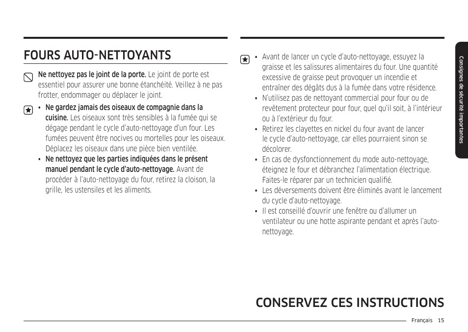 Fours auto-nettoyants, Conservez ces instructions | Samsung BESPOKE 30 Inch Smart Slide-In Induction Range Owners Guide User Manual | Page 167 / 234