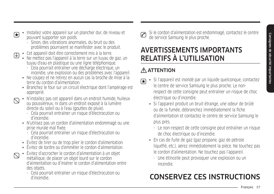 Avertissements importants relatifs à l’utilisation, Conservez ces instructions | Samsung BESPOKE 30 Inch Smart Slide-In Induction Range Owners Guide User Manual | Page 169 / 234