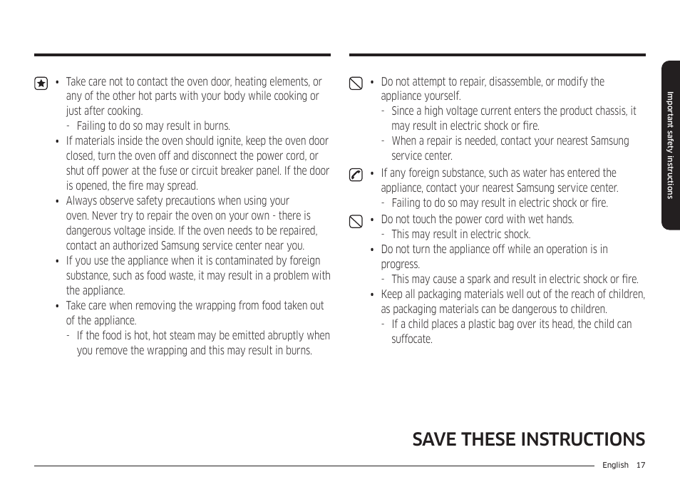 Save these instructions | Samsung BESPOKE 30 Inch Smart Slide-In Induction Range Owners Guide User Manual | Page 17 / 234