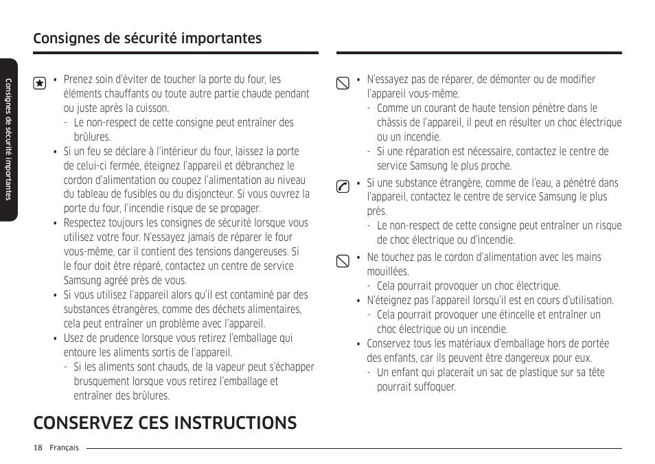 Conservez ces instructions, Consignes de sécurité importantes | Samsung BESPOKE 30 Inch Smart Slide-In Induction Range Owners Guide User Manual | Page 170 / 234
