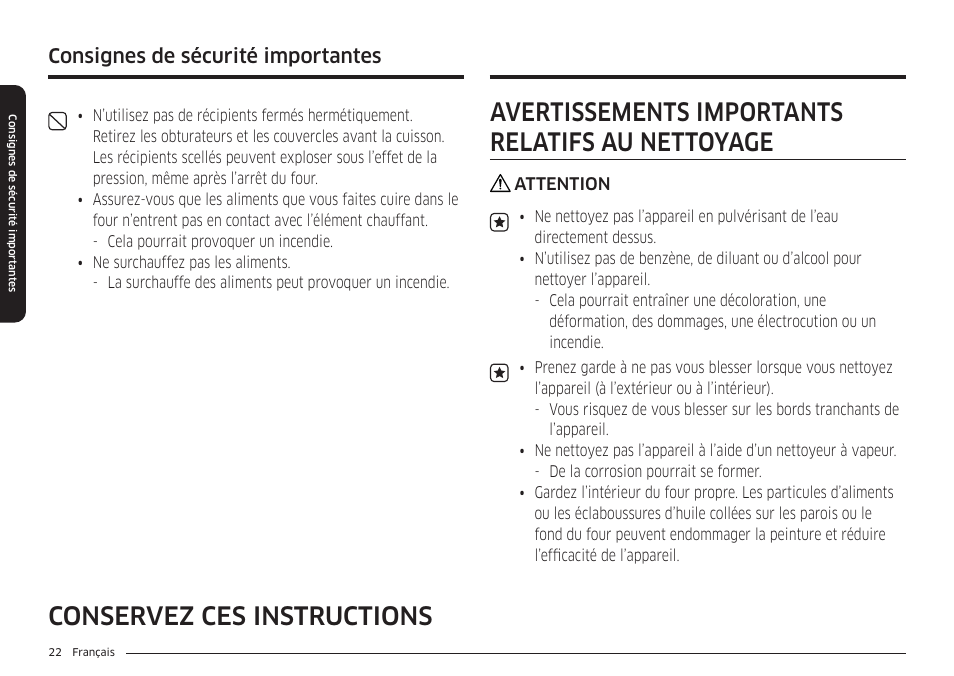 Avertissements importants relatifs au nettoyage, Consignes de sécurité importantes | Samsung BESPOKE 30 Inch Smart Slide-In Induction Range Owners Guide User Manual | Page 174 / 234