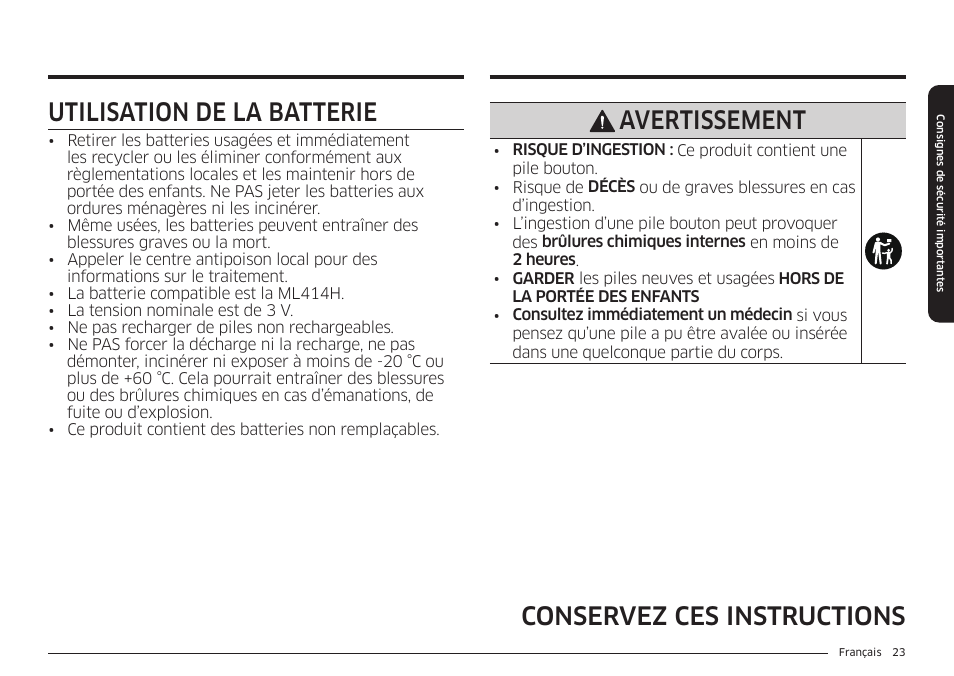 Utilisation de la batterie, Avertissement | Samsung BESPOKE 30 Inch Smart Slide-In Induction Range Owners Guide User Manual | Page 175 / 234