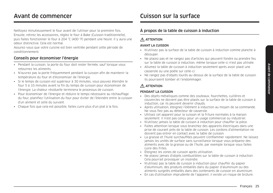 Avant de commencer, Conseils pour économiser l’énergie, Cuisson sur la surface | À propos de la table de cuisson à induction | Samsung BESPOKE 30 Inch Smart Slide-In Induction Range Owners Guide User Manual | Page 177 / 234