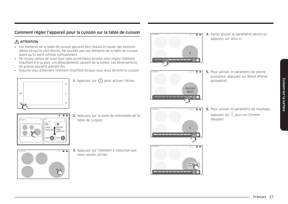 Français 27 cuis son sur la sur fac e, Boost, Fonction boost | Samsung BESPOKE 30 Inch Smart Slide-In Induction Range Owners Guide User Manual | Page 179 / 234