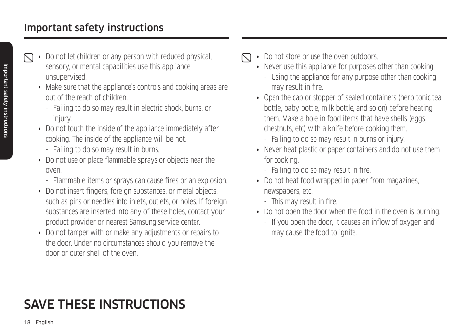 Save these instructions, Important safety instructions | Samsung BESPOKE 30 Inch Smart Slide-In Induction Range Owners Guide User Manual | Page 18 / 234