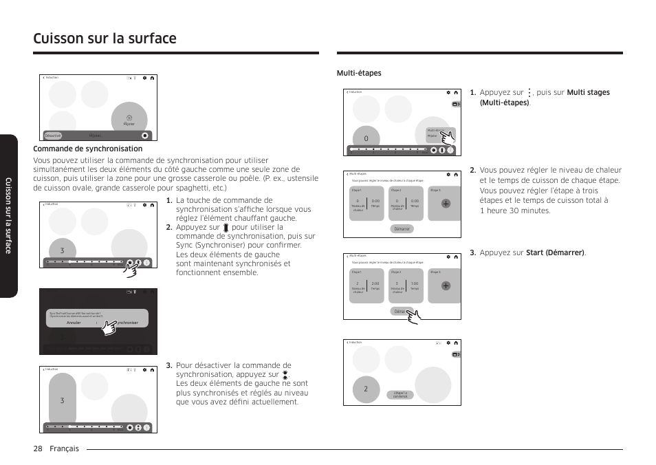 Cuisson sur la surface, 28 français cuis son sur la sur fac e, Appuyez sur , puis sur multi stages (multi-étapes) | Appuyez sur start (démarrer) | Samsung BESPOKE 30 Inch Smart Slide-In Induction Range Owners Guide User Manual | Page 180 / 234