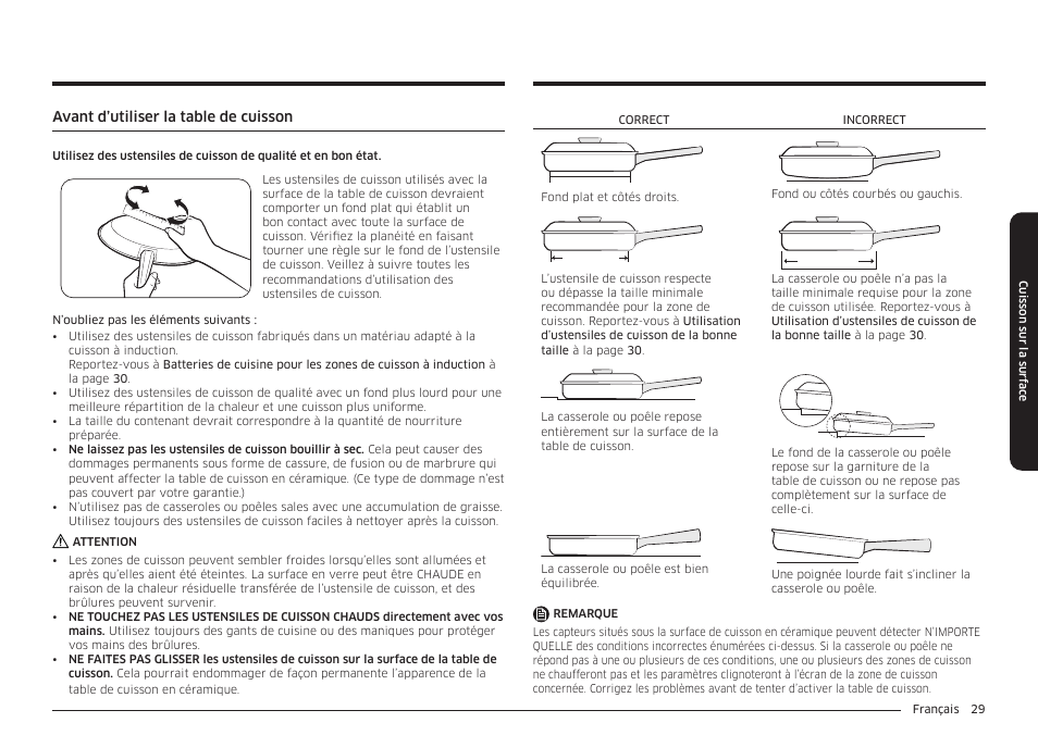 Avant d’utiliser la table de cuisson | Samsung BESPOKE 30 Inch Smart Slide-In Induction Range Owners Guide User Manual | Page 181 / 234