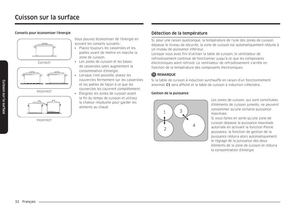Détection de la température, Cuisson sur la surface | Samsung BESPOKE 30 Inch Smart Slide-In Induction Range Owners Guide User Manual | Page 184 / 234