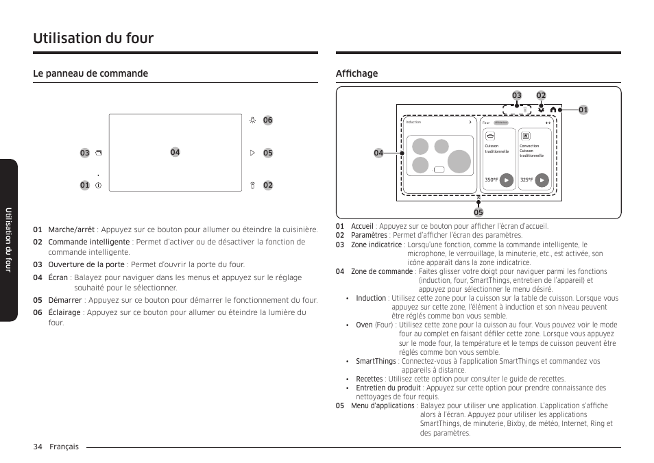 Affichage, Utilisation du four, Le panneau de commande | Affichage 34 | Samsung BESPOKE 30 Inch Smart Slide-In Induction Range Owners Guide User Manual | Page 186 / 234