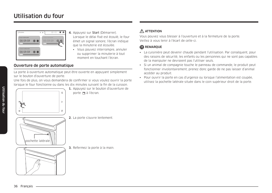 Ouverture de porte automatique, Utilisation du four | Samsung BESPOKE 30 Inch Smart Slide-In Induction Range Owners Guide User Manual | Page 188 / 234