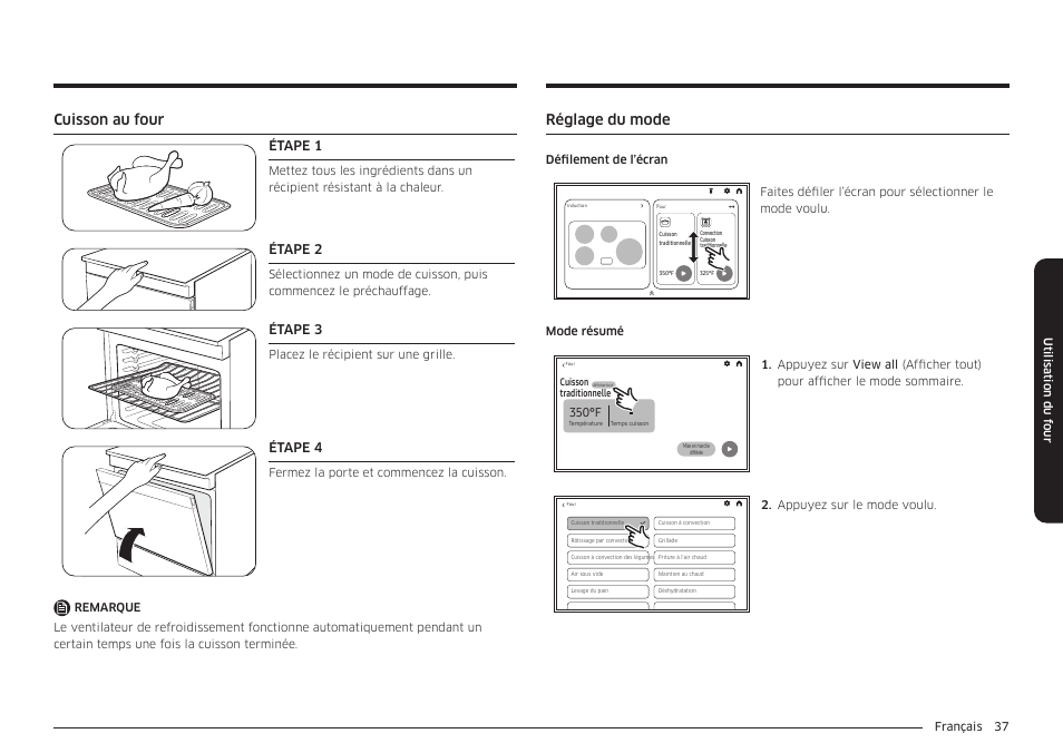 Cuisson au four, Réglage du mode, 350°f | Étape 1, Étape 2, Étape 3, Étape 4, Français 37 utilisation du f our, Défilement de l’écran, Appuyez sur le mode voulu | Samsung BESPOKE 30 Inch Smart Slide-In Induction Range Owners Guide User Manual | Page 189 / 234
