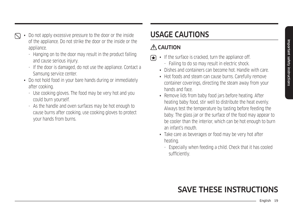 Usage cautions, Save these instructions usage cautions | Samsung BESPOKE 30 Inch Smart Slide-In Induction Range Owners Guide User Manual | Page 19 / 234