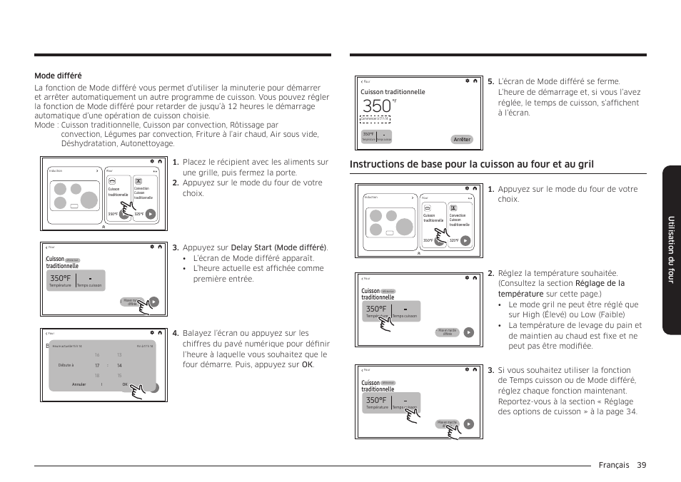 350°f, Français 39 utilisation du f our, Appuyez sur le mode du four de votre choix | Samsung BESPOKE 30 Inch Smart Slide-In Induction Range Owners Guide User Manual | Page 191 / 234