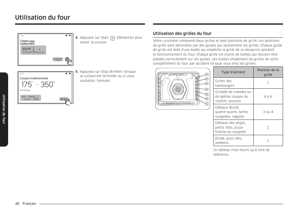 Utilisation des grilles du four, Utilisation du four, 350°f | Samsung BESPOKE 30 Inch Smart Slide-In Induction Range Owners Guide User Manual | Page 192 / 234