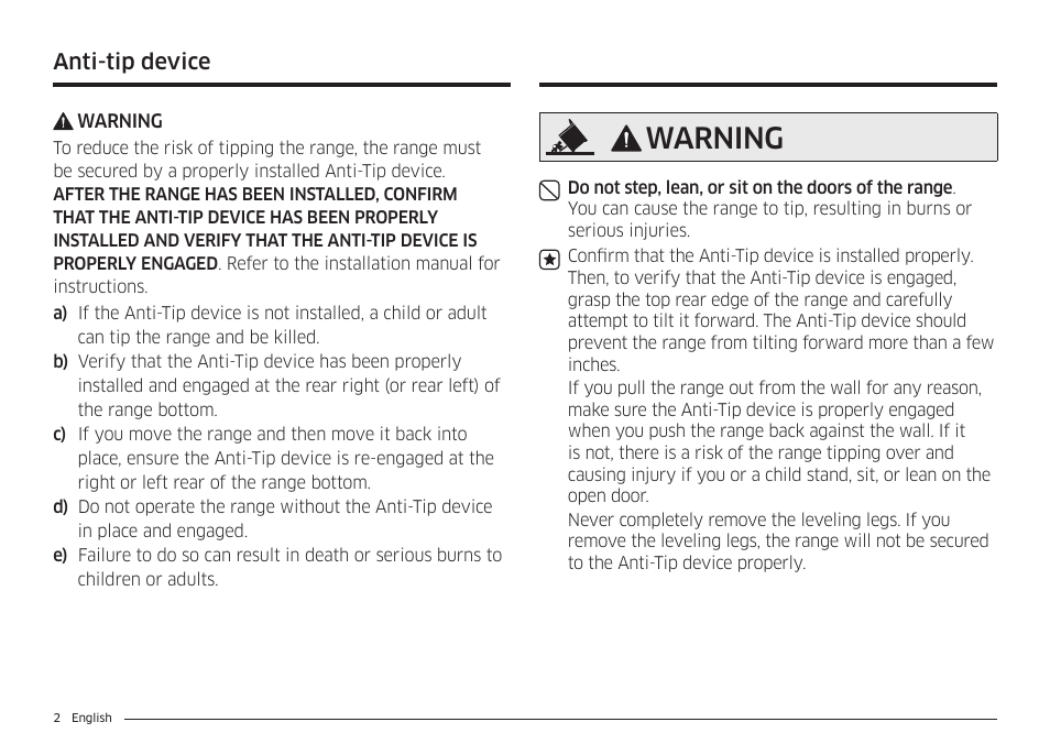 Warning, Anti-tip device | Samsung BESPOKE 30 Inch Smart Slide-In Induction Range Owners Guide User Manual | Page 2 / 234