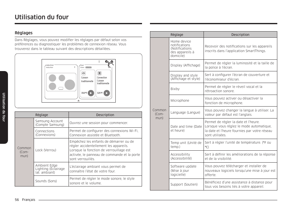 Réglages, Réglages 56, Utilisation du four | Samsung BESPOKE 30 Inch Smart Slide-In Induction Range Owners Guide User Manual | Page 208 / 234