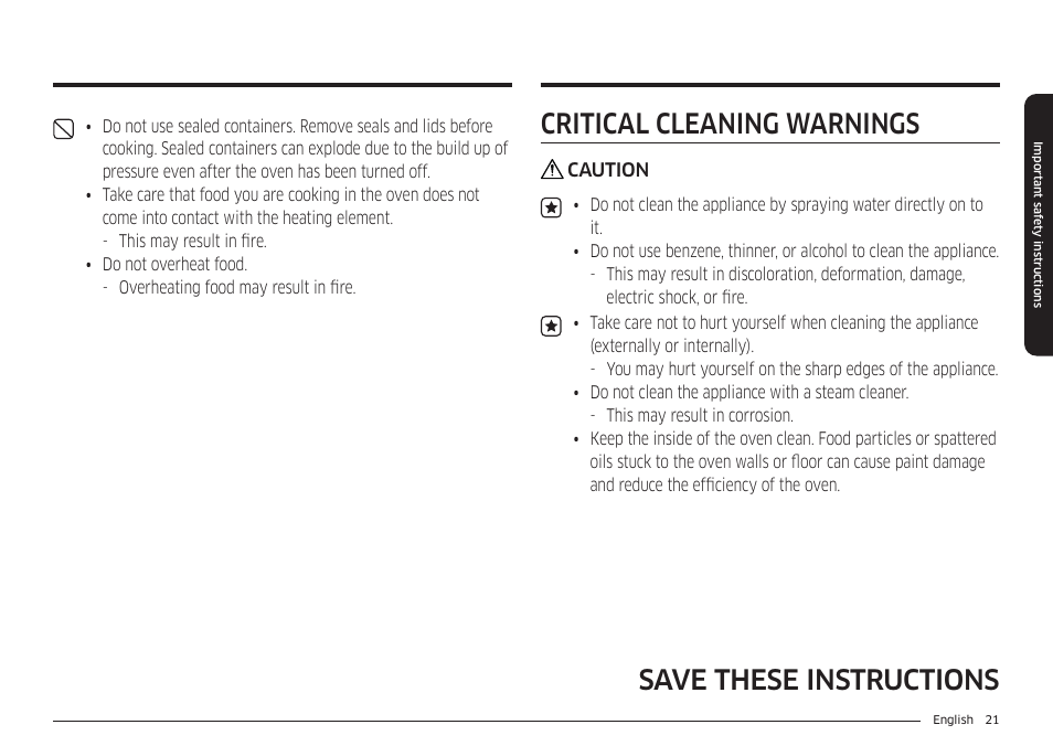Critical cleaning warnings, Save these instructions | Samsung BESPOKE 30 Inch Smart Slide-In Induction Range Owners Guide User Manual | Page 21 / 234