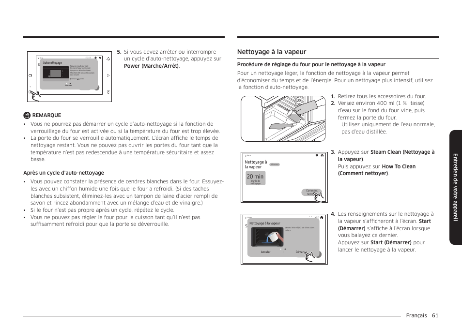Nettoyage à la vapeur, 20 min, 20mins | Samsung BESPOKE 30 Inch Smart Slide-In Induction Range Owners Guide User Manual | Page 213 / 234