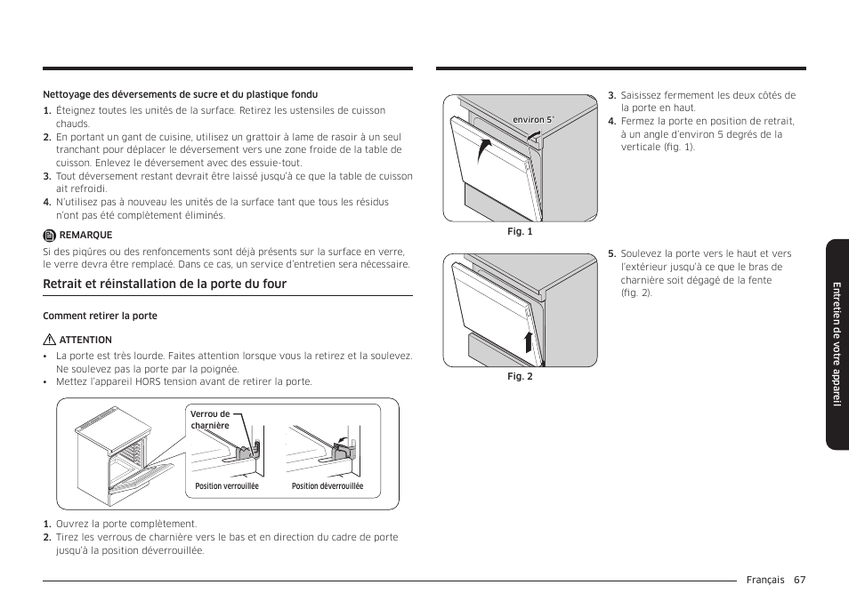 Retrait et réinstallation de la porte du four | Samsung BESPOKE 30 Inch Smart Slide-In Induction Range Owners Guide User Manual | Page 219 / 234