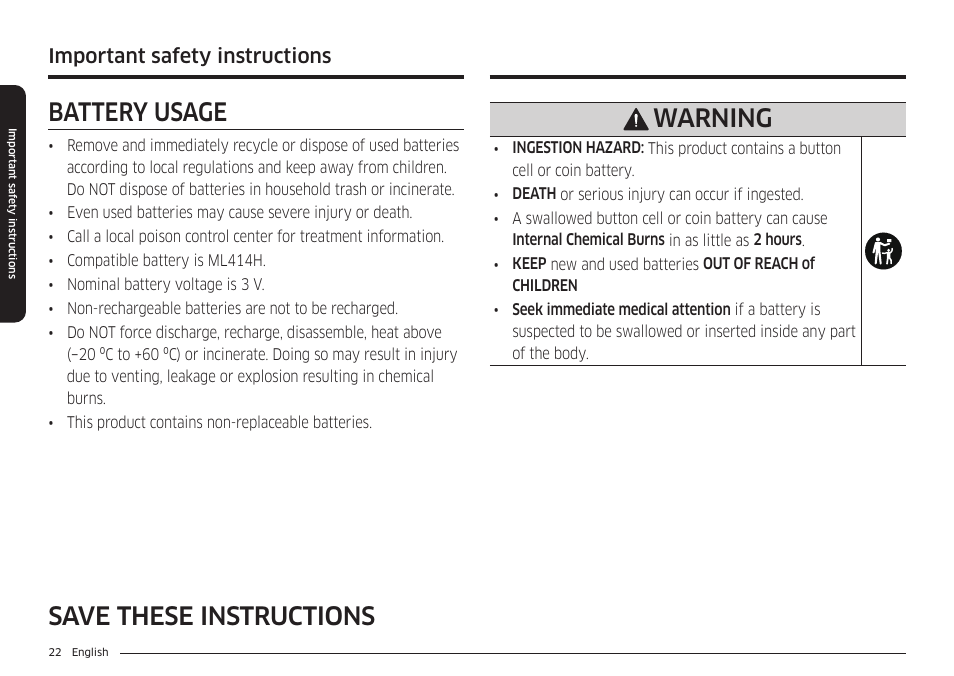 Battery usage, Save these instructions battery usage, Warning | Important safety instructions | Samsung BESPOKE 30 Inch Smart Slide-In Induction Range Owners Guide User Manual | Page 22 / 234