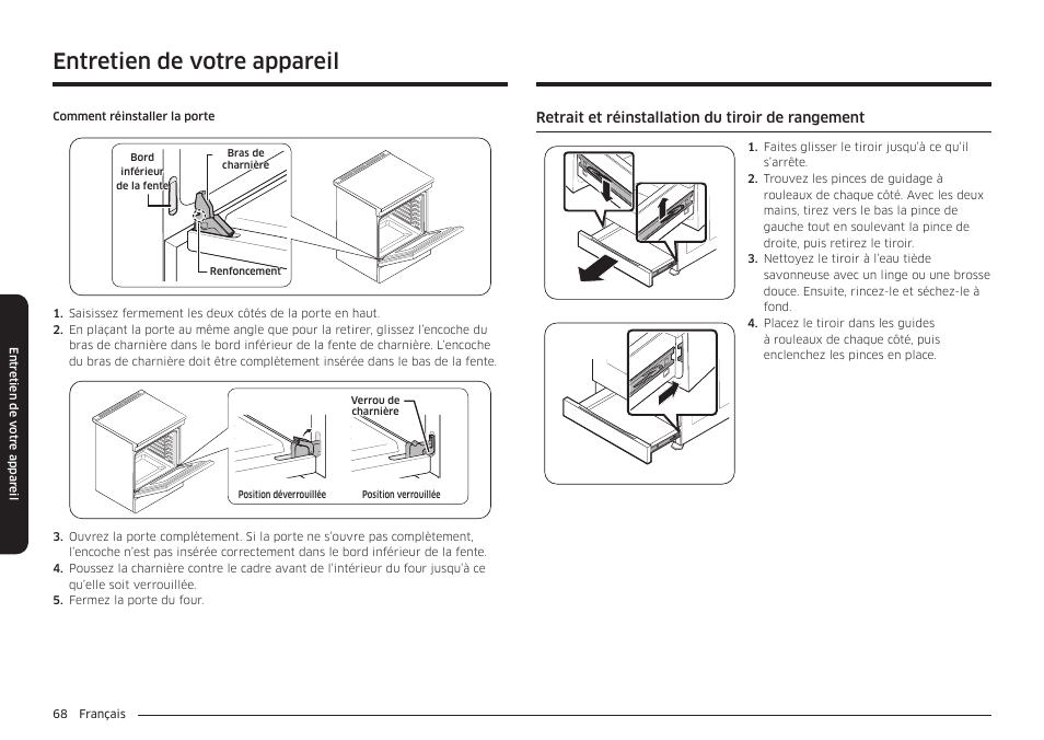 Retrait et réinstallation du tiroir de rangement, Entretien de votre appareil | Samsung BESPOKE 30 Inch Smart Slide-In Induction Range Owners Guide User Manual | Page 220 / 234