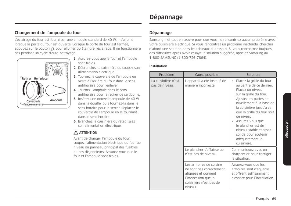 Changement de l’ampoule du four, Dépannage, Dépannage 69 | Samsung BESPOKE 30 Inch Smart Slide-In Induction Range Owners Guide User Manual | Page 221 / 234