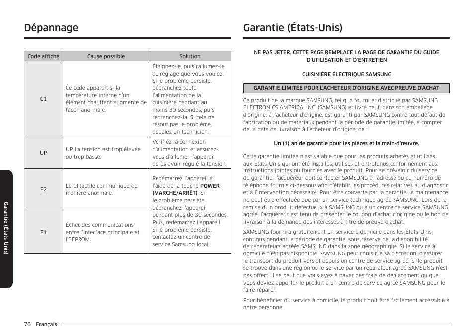 Garantie (états-unis), Dépannage | Samsung BESPOKE 30 Inch Smart Slide-In Induction Range Owners Guide User Manual | Page 228 / 234