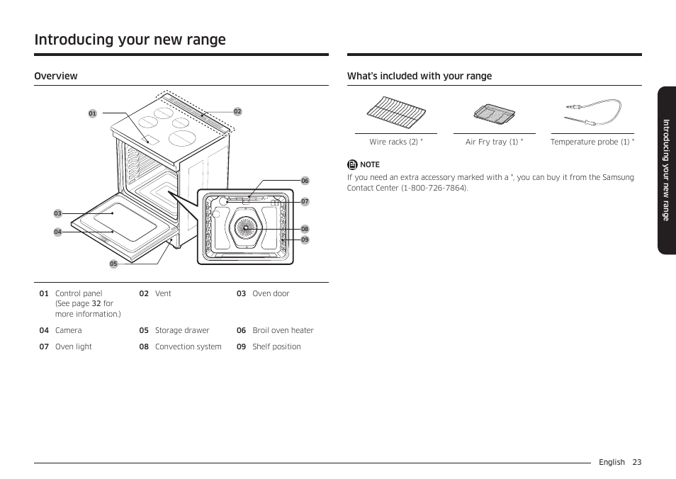 Introducing your new range, Overview, What’s included with your range | Overview 23 what’s included with your range | Samsung BESPOKE 30 Inch Smart Slide-In Induction Range Owners Guide User Manual | Page 23 / 234